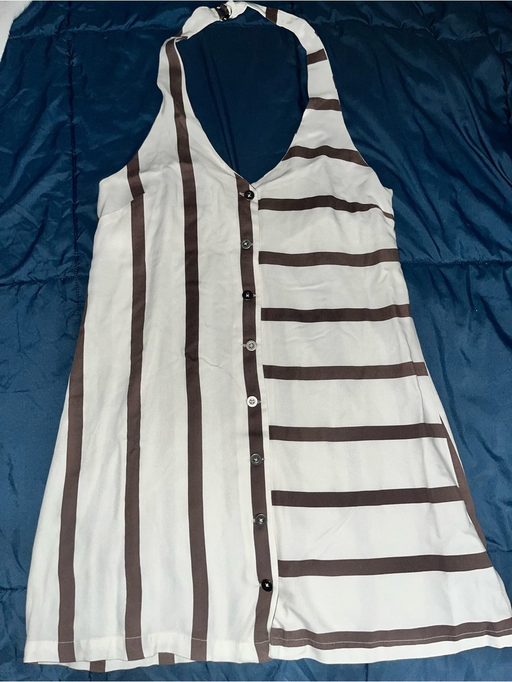 RVCA White and Brown Striped Halter Button-Front Mini Dress